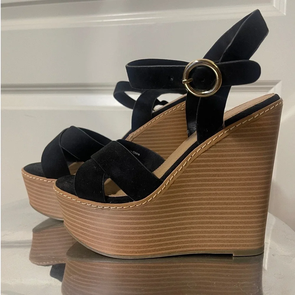 ASOS DESIGN Black Faux Suede Platform Wedge Sandals Ankle Strap Gold Buckle